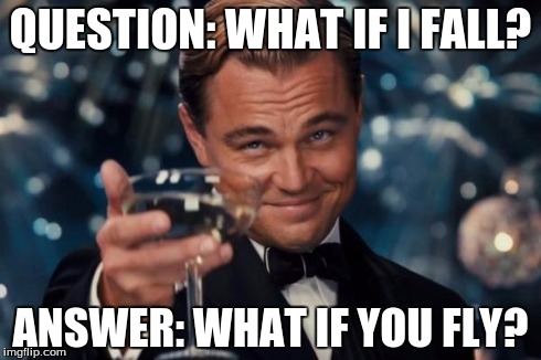 Leonardo Dicaprio Cheers | QUESTION: WHAT IF I FALL? ANSWER: WHAT IF YOU FLY? | image tagged in memes,leonardo dicaprio cheers | made w/ Imgflip meme maker