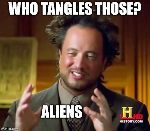 Ancient Aliens Meme | WHO TANGLES THOSE? ALIENS | image tagged in memes,ancient aliens | made w/ Imgflip meme maker