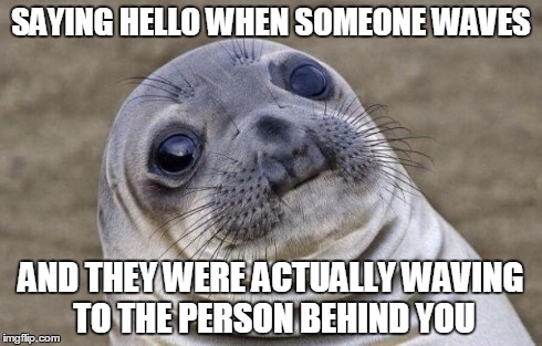 Awkward Moment Sealion | SAYING HELLO WHEN SOMEONE WAVES AND THEY WERE ACTUALLY WAVING TO THE PERSON BEHIND YOU | image tagged in memes,awkward moment sealion | made w/ Imgflip meme maker