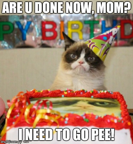 Grumpy Cat Birthday Meme | ARE U DONE NOW, MOM? I NEED TO GO PEE! | image tagged in memes,grumpy cat birthday | made w/ Imgflip meme maker