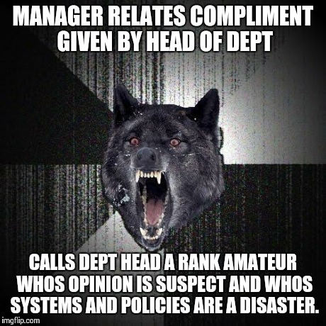 Insanity Wolf | MANAGER RELATES COMPLIMENT GIVEN BY HEAD OF DEPT CALLS DEPT HEAD A RANK AMATEUR WHOS OPINION IS SUSPECT AND WHOS SYSTEMS AND POLICIES ARE A  | image tagged in memes,insanity wolf | made w/ Imgflip meme maker