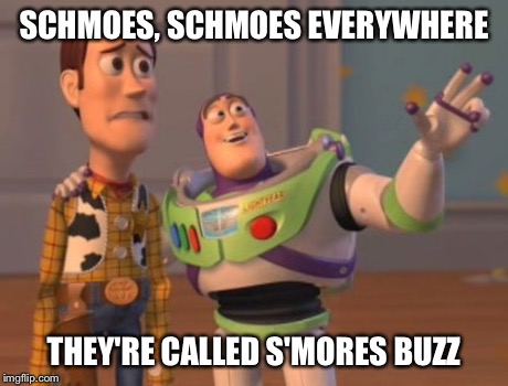 X, X Everywhere | SCHMOES, SCHMOES EVERYWHERE THEY'RE CALLED S'MORES BUZZ | image tagged in memes,x x everywhere | made w/ Imgflip meme maker