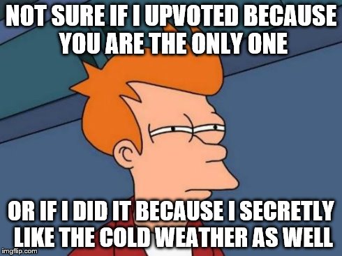 Futurama Fry Meme | NOT SURE IF I UPVOTED BECAUSE YOU ARE THE ONLY ONE OR IF I DID IT BECAUSE I SECRETLY LIKE THE COLD WEATHER AS WELL | image tagged in memes,futurama fry | made w/ Imgflip meme maker