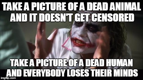 And everybody loses their minds Meme | TAKE A PICTURE OF A DEAD ANIMAL AND IT DOESN'T GET CENSORED TAKE A PICTURE OF A DEAD HUMAN AND EVERYBODY LOSES THEIR MINDS | image tagged in memes,and everybody loses their minds | made w/ Imgflip meme maker