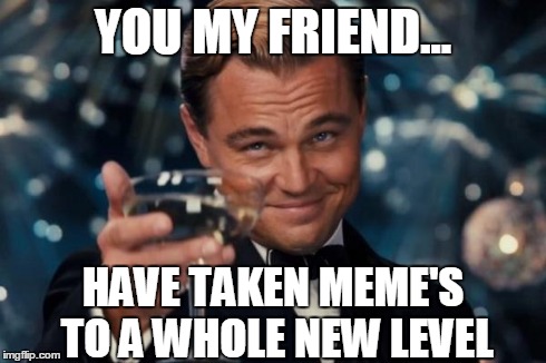 Leonardo Dicaprio Cheers | YOU MY FRIEND... HAVE TAKEN MEME'S TO A WHOLE NEW LEVEL | image tagged in memes,leonardo dicaprio cheers | made w/ Imgflip meme maker