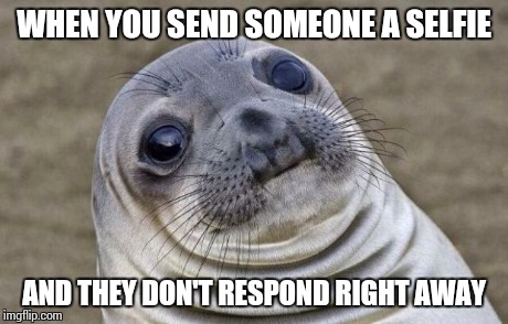 Awkward Moment Sealion Meme | WHEN YOU SEND SOMEONE A SELFIE AND THEY DON'T RESPOND RIGHT AWAY | image tagged in memes,awkward moment sealion | made w/ Imgflip meme maker
