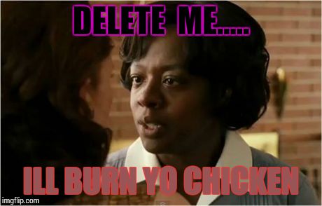 The Help Says | DELETE  ME..... ILL BURN YO CHICKEN | image tagged in the help says | made w/ Imgflip meme maker