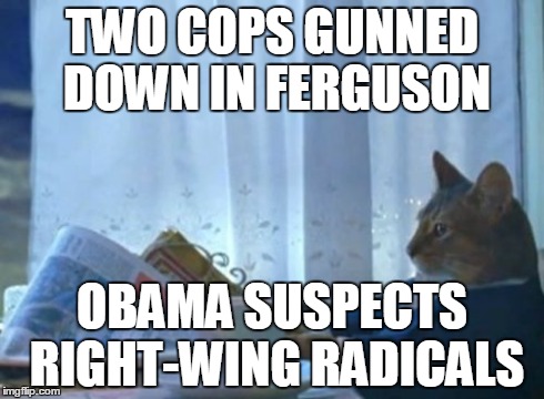 I Should Buy A Boat Cat Meme | TWO COPS GUNNED DOWN IN FERGUSON OBAMA SUSPECTS RIGHT-WING RADICALS | image tagged in memes,i should buy a boat cat,ferguson,police,tea party | made w/ Imgflip meme maker