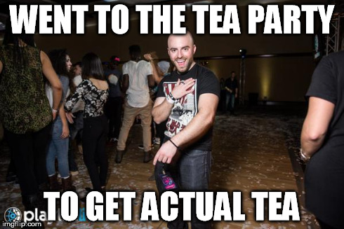Tea Party pun | WENT TO THE TEA PARTY TO GET ACTUAL TEA | image tagged in partying matthew,memes,puns,tea party | made w/ Imgflip meme maker