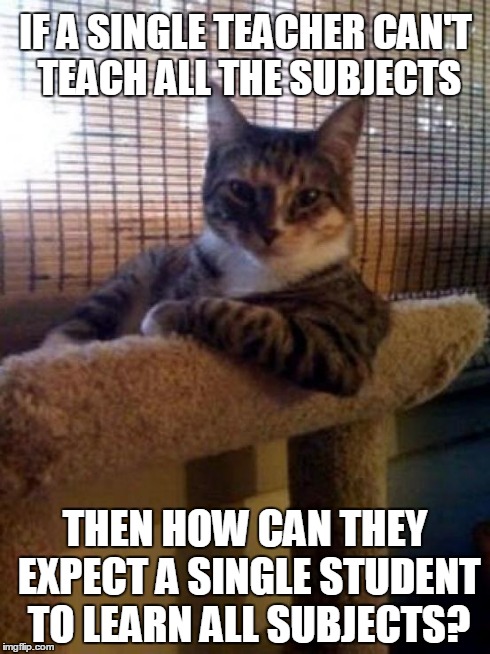 The Most Interesting Cat In The World | IF A SINGLE TEACHER CAN'T TEACH ALL THE SUBJECTS THEN HOW CAN THEY EXPECT A SINGLE STUDENT TO LEARN ALL SUBJECTS? | image tagged in memes,the most interesting cat in the world | made w/ Imgflip meme maker