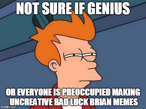 So True Right Now | NOT SURE IF GENIUS OR EVERYONE IS PREOCCUPIED MAKING UNCREATIVE BAD LUCK BRIAN MEMES | image tagged in memes,futurama fry,funny | made w/ Imgflip meme maker