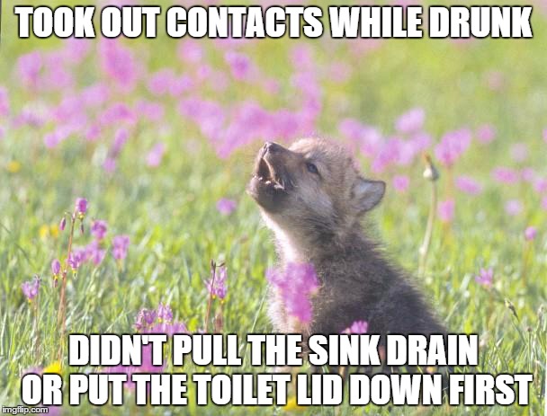 Baby Insanity Wolf Meme | TOOK OUT CONTACTS WHILE DRUNK DIDN'T PULL THE SINK DRAIN OR PUT THE TOILET LID DOWN FIRST | image tagged in memes,baby insanity wolf | made w/ Imgflip meme maker