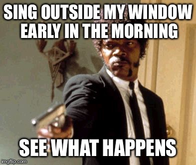 Say That Again I Dare You Meme | SING OUTSIDE MY WINDOW EARLY IN THE MORNING SEE WHAT HAPPENS | image tagged in memes,say that again i dare you | made w/ Imgflip meme maker