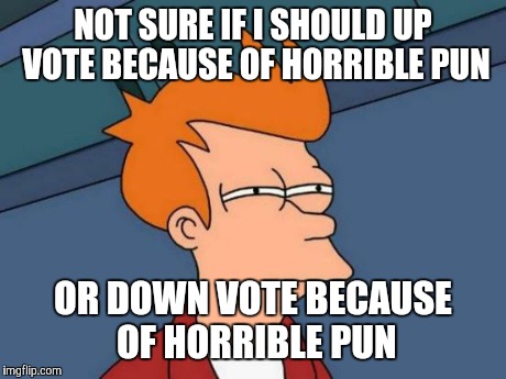 NOT SURE IF I SHOULD UP VOTE BECAUSE OF HORRIBLE PUN OR DOWN VOTE BECAUSE OF HORRIBLE PUN | image tagged in memes,futurama fry | made w/ Imgflip meme maker
