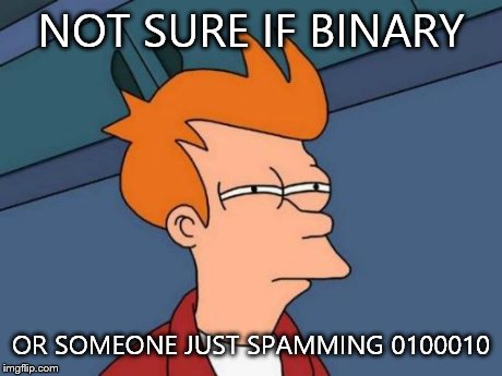 Futurama Fry | NOT SURE IF BINARY OR SOMEONE JUST SPAMMING 0100010 | image tagged in memes,futurama fry | made w/ Imgflip meme maker