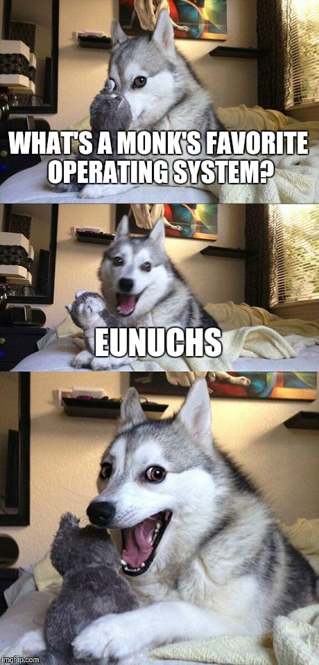 Bad Pun Dog Meme | WHAT'S A MONK'S FAVORITE OPERATING SYSTEM? EUNUCHS | image tagged in memes,bad pun dog | made w/ Imgflip meme maker