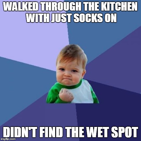 Success Kid Meme | WALKED THROUGH THE KITCHEN WITH JUST SOCKS ON DIDN'T FIND THE WET SPOT | image tagged in memes,success kid | made w/ Imgflip meme maker