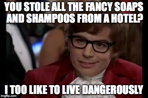 I Too Like To Live Dangerously | YOU STOLE ALL THE FANCY SOAPS AND SHAMPOOS FROM A HOTEL? I TOO LIKE TO LIVE DANGEROUSLY | image tagged in memes,i too like to live dangerously | made w/ Imgflip meme maker