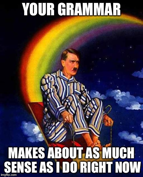 Random Hitler | YOUR GRAMMAR MAKES ABOUT AS MUCH SENSE AS I DO RIGHT NOW | image tagged in random hitler | made w/ Imgflip meme maker