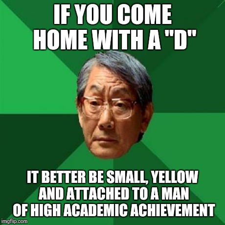 High Expectations Asian Father | IF YOU COME HOME WITH A "D" IT BETTER BE SMALL, YELLOW AND ATTACHED TO A MAN OF HIGH ACADEMIC ACHIEVEMENT | image tagged in memes,high expectations asian father | made w/ Imgflip meme maker