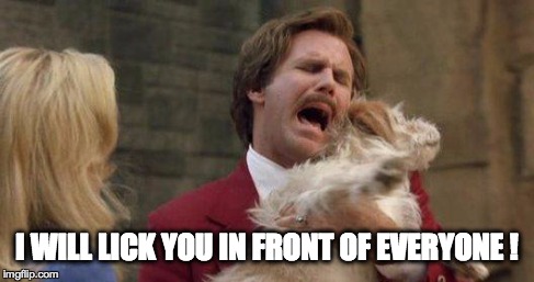 Anchorman Ron Burgundy and Baxter | I WILL LICK YOU IN FRONT OF EVERYONE ! | image tagged in anchorman ron burgundy and baxter | made w/ Imgflip meme maker