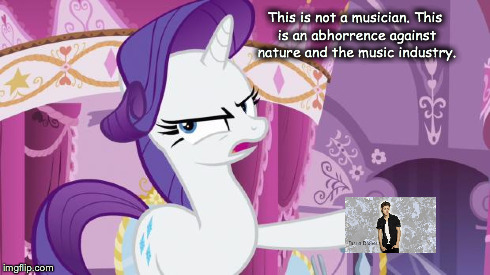 This is not a musician. This is an abhorrence against nature and the music industry. | image tagged in rarity unicorn,justin bieber | made w/ Imgflip meme maker