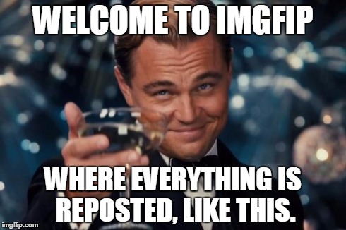Leonardo Dicaprio Cheers | WELCOME TO IMGFIP WHERE EVERYTHING IS REPOSTED, LIKE THIS. | image tagged in memes,leonardo dicaprio cheers | made w/ Imgflip meme maker