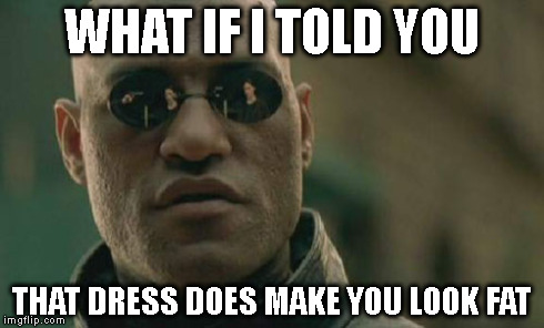 Matrix Morpheus Meme | WHAT IF I TOLD YOU THAT DRESS DOES MAKE YOU LOOK FAT | image tagged in memes,matrix morpheus | made w/ Imgflip meme maker