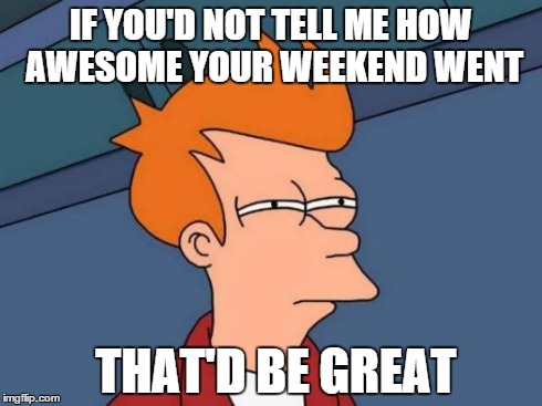 Futurama Fry | IF YOU'D NOT TELL ME HOW AWESOME YOUR WEEKEND WENT THAT'D BE GREAT | image tagged in memes,futurama fry | made w/ Imgflip meme maker