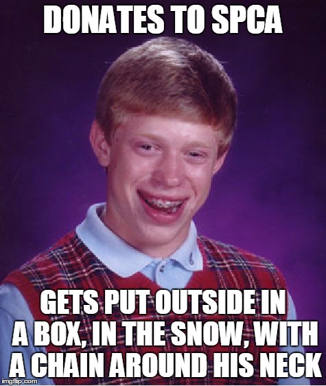 Bad Luck Brian | DONATES TO SPCA GETS PUT OUTSIDE IN A BOX, IN THE SNOW, WITH A CHAIN AROUND HIS NECK | image tagged in memes,bad luck brian | made w/ Imgflip meme maker