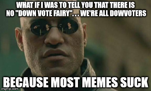 Matrix Morpheus Meme | WHAT IF I WAS TO TELL YOU THAT THERE IS NO "DOWN VOTE FAIRY". . . WE'RE ALL DOWVOTERS BECAUSE MOST MEMES SUCK | image tagged in memes,matrix morpheus | made w/ Imgflip meme maker