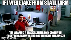 Dingbat | IF I WERE JAKE FROM STATE FARM "IM WEARING A BLACK LEATHER LOIN CLOTH YOU GOOFY DINGBAT! WHAT DO YOU THINK IM WEARING?!! | image tagged in jake,memes,state farm,funny memes,humor,sarcasm | made w/ Imgflip meme maker