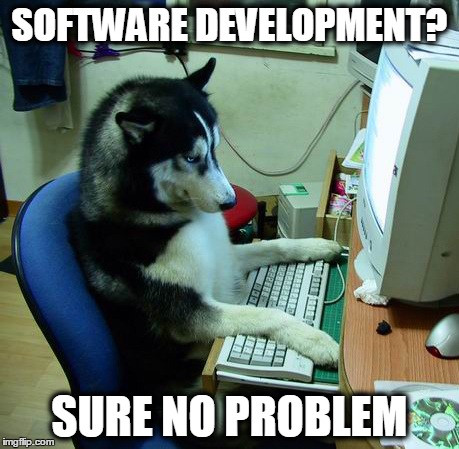 I Have No Idea What I Am Doing Meme | SOFTWARE DEVELOPMENT? SURE NO PROBLEM | image tagged in memes,i have no idea what i am doing | made w/ Imgflip meme maker