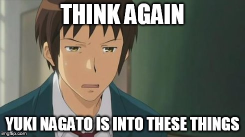 Kyon WTF | THINK AGAIN YUKI NAGATO IS INTO THESE THINGS | image tagged in kyon wtf | made w/ Imgflip meme maker