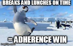 Adherence Win | BREAKS AND LUNCHES ON TIME = ADHERENCE WIN | image tagged in adherence | made w/ Imgflip meme maker