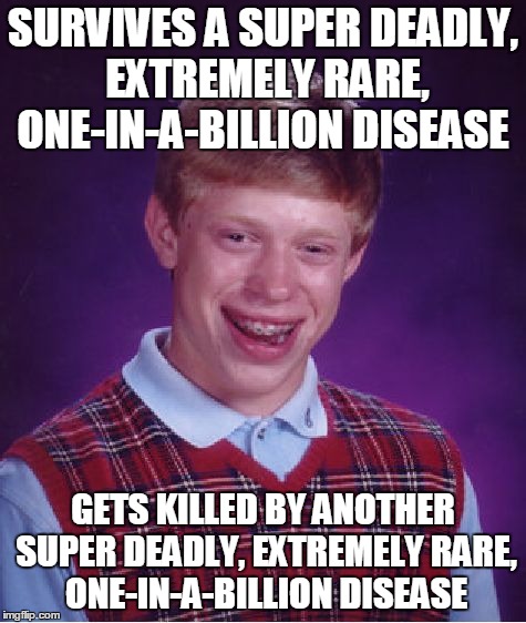 Bad Luck Brian | SURVIVES A SUPER DEADLY, EXTREMELY RARE, ONE-IN-A-BILLION DISEASE GETS KILLED BY ANOTHER SUPER DEADLY, EXTREMELY RARE, ONE-IN-A-BILLION DISE | image tagged in memes,bad luck brian,lol,wtf,disease,bad luck | made w/ Imgflip meme maker