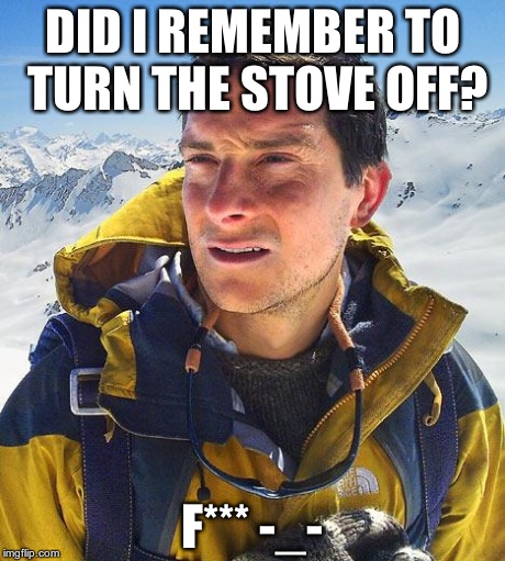 Bear Grylls | DID I REMEMBER TO TURN THE STOVE OFF? F*** -_- | image tagged in memes,bear grylls | made w/ Imgflip meme maker