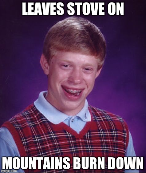 Bad Luck Brian Meme | LEAVES STOVE ON MOUNTAINS BURN DOWN | image tagged in memes,bad luck brian | made w/ Imgflip meme maker