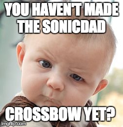 Skeptical Baby | YOU HAVEN'T MADE THE SONICDAD CROSSBOW YET? | image tagged in memes,skeptical baby | made w/ Imgflip meme maker