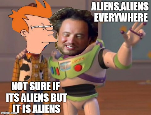 i'm not sure if aliens are everywhere but ALIENS | ALIENS,ALIENS EVERYWHERE NOT SURE IF ITS ALIENS BUT IT IS ALIENS | image tagged in ancient aliens,futurama fry,x x everywhere,aliens | made w/ Imgflip meme maker