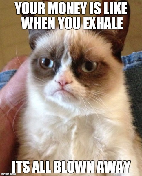 Grumpy Cat | YOUR MONEY IS LIKE WHEN YOU EXHALE ITS ALL BLOWN AWAY | image tagged in memes,grumpy cat | made w/ Imgflip meme maker