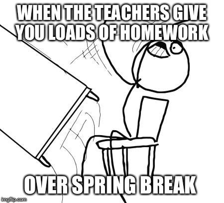 Table Flip Guy Meme | WHEN THE TEACHERS GIVE YOU LOADS OF HOMEWORK OVER SPRING BREAK | image tagged in memes,table flip guy | made w/ Imgflip meme maker