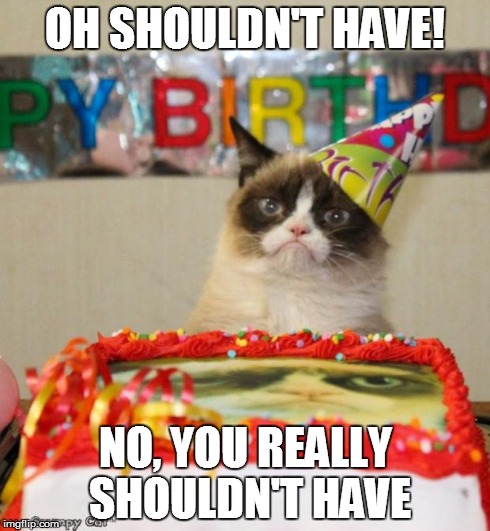 Grumpy Cat Birthday Meme | OH SHOULDN'T HAVE! NO, YOU REALLY SHOULDN'T HAVE | image tagged in memes,grumpy cat birthday | made w/ Imgflip meme maker