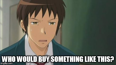 Kyon WTF | WHO WOULD BUY SOMETHING LIKE THIS? | image tagged in kyon wtf | made w/ Imgflip meme maker