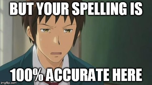 Kyon WTF | BUT YOUR SPELLING IS 100% ACCURATE HERE | image tagged in kyon wtf | made w/ Imgflip meme maker
