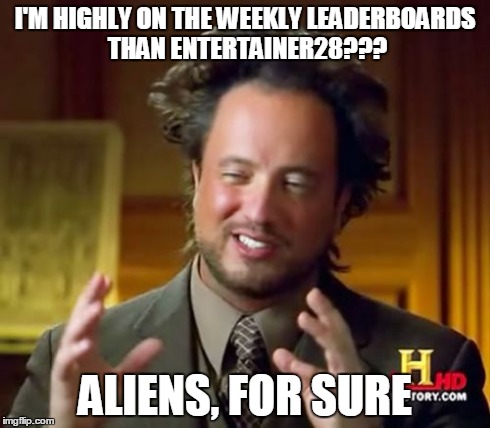 Lol I've never done this before xD | I'M HIGHLY ON THE WEEKLY LEADERBOARDS THAN ENTERTAINER28??? ALIENS, FOR SURE | image tagged in memes,ancient aliens,entertainer28,lol,wtf,aliens | made w/ Imgflip meme maker