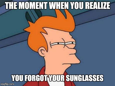 Futurama Fry Meme | THE MOMENT WHEN YOU REALIZE YOU FORGOT YOUR SUNGLASSES | image tagged in memes,futurama fry | made w/ Imgflip meme maker