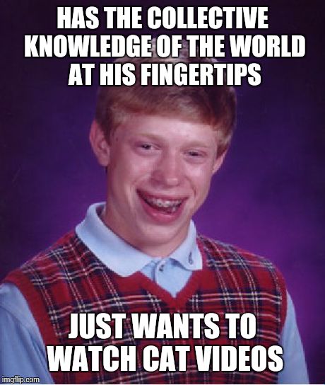 Bad Luck Brian Meme | HAS THE COLLECTIVE KNOWLEDGE OF THE WORLD AT HIS FINGERTIPS JUST WANTS TO WATCH CAT VIDEOS | image tagged in memes,bad luck brian | made w/ Imgflip meme maker