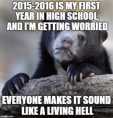 Confession Bear Meme | 2015-2016 IS MY FIRST YEAR IN HIGH SCHOOL, AND I'M GETTING WORRIED EVERYONE MAKES IT SOUND LIKE A LIVING HELL | image tagged in memes,confession bear | made w/ Imgflip meme maker