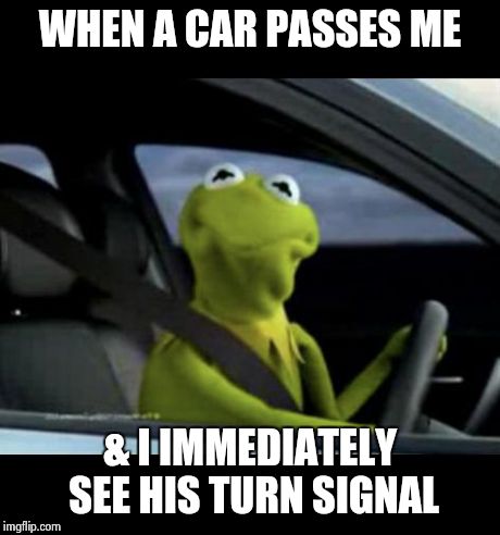 lm like ,what tha hell bruh? you couldn't wait 2.7 more seconds?  | WHEN A CAR PASSES ME & I IMMEDIATELY SEE HIS TURN SIGNAL | image tagged in kermit driving | made w/ Imgflip meme maker